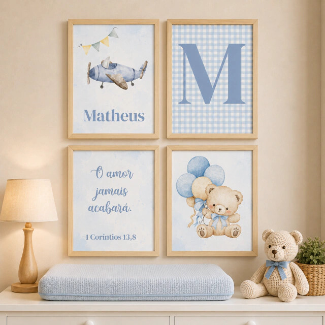 Quadro Decorativo Infantil Personalizado A4 | Ursinho Aviador Azu