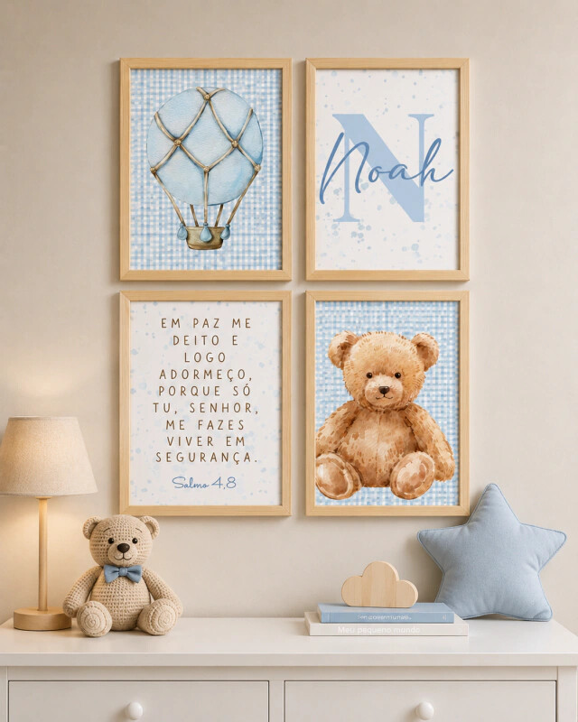 Quadro Decorativo Infantil Personalizado A4 | Ursinho no Balão A