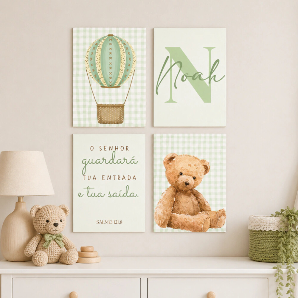 Quadro Decorativo Infantil Personalizado A4 | Ursinho Baloeiro Ve