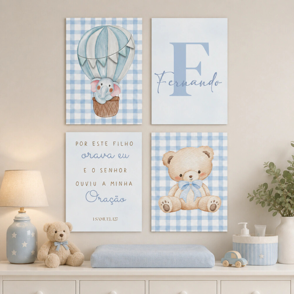 Quadro Decorativo Infantil Personalizado A4 | Ursinho Baloeiro Az