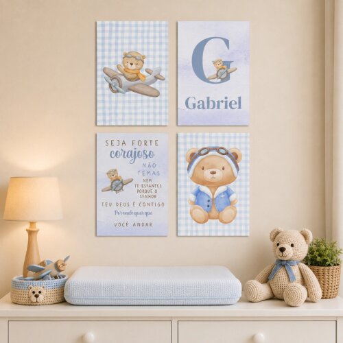 Quadro Decorativo Infantil Personalizado A4 | Ursinho Aviador