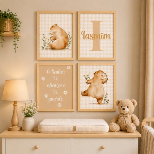 Quadro Decorativo Infantil Personalizado A4 | Ursinho Jardineiro