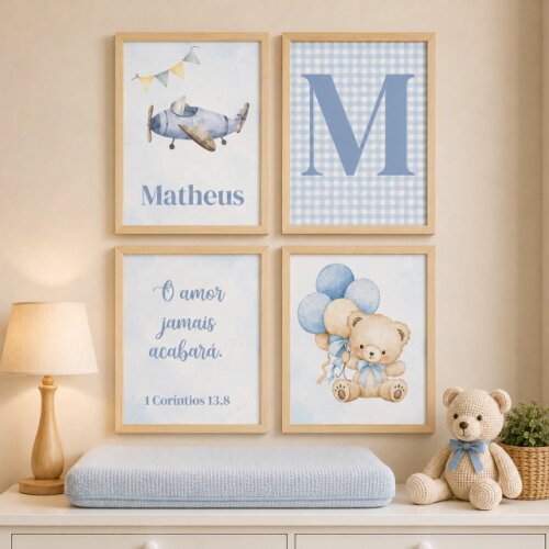 Quadro Decorativo Infantil Personalizado A4 | Ursinho Aviador Azu