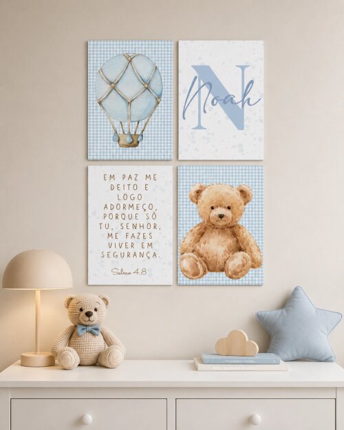Quadro Decorativo Infantil Personalizado A4 | Ursinho no Balão Azul