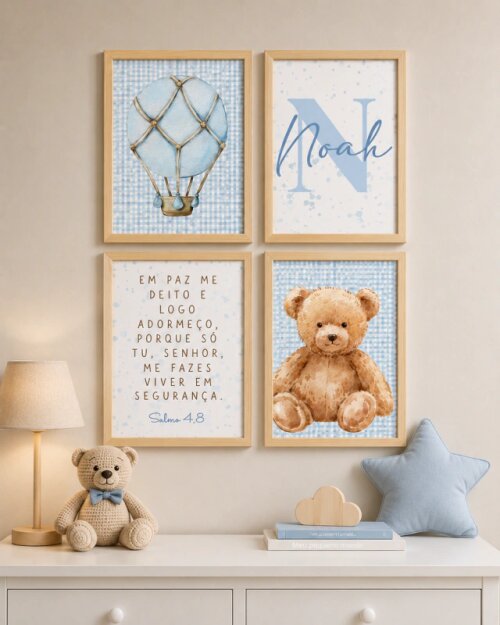 Quadro Decorativo Infantil Personalizado A4 | Ursinho no Balão A