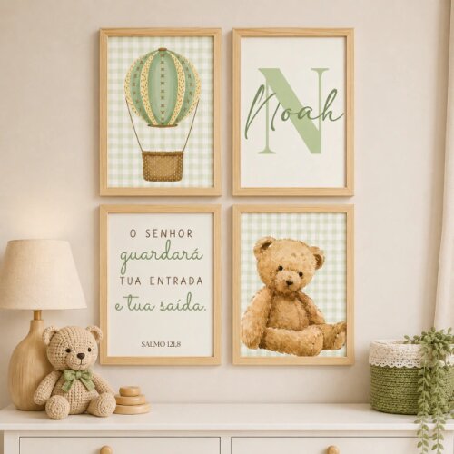 Quadro Decorativo Infantil Personalizado A4 | Ursinho Baloeiro Ve