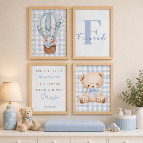 Quadro Decorativo Infantil Personalizado A4 | Ursinho Baloeiro Az