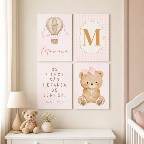 Quadro Decorativo Infantil Personalizado A4 | Ursinha Baloeira