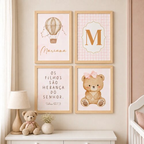 Quadro Decorativo Infantil Personalizado A4 | Ursinha Baloeira