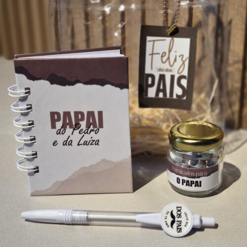 Kit Dia dos Pais - Mini Caderno Personalizado + Potinho de Bençãos + Caneta