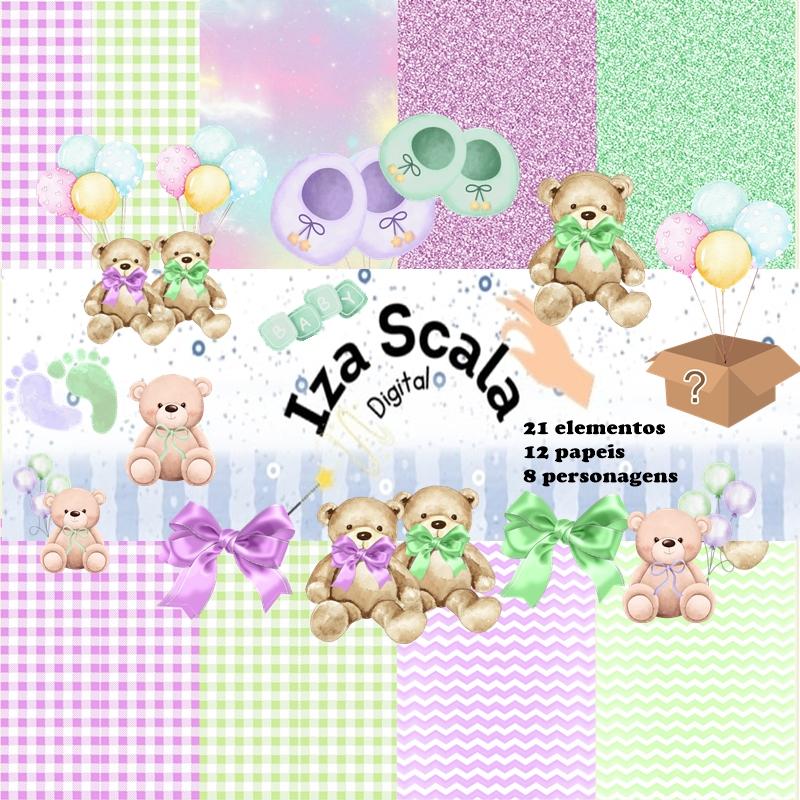 Kit Digital Chá Revelação Ursinho Verde e Lilás