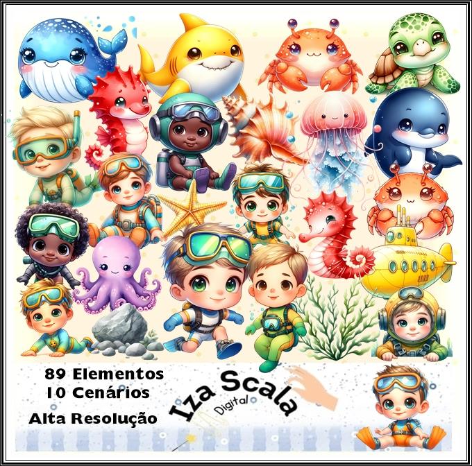 Kit Digital Fundo do Mar Aquarela Menino - IA