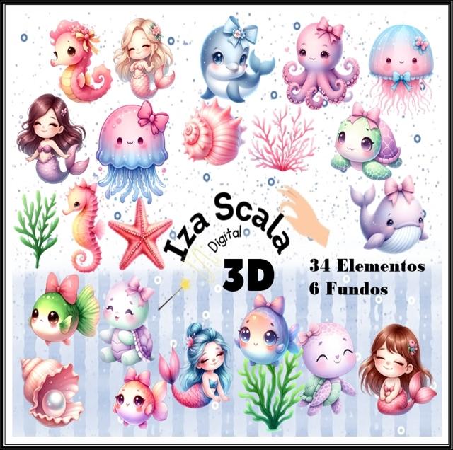 Kit Digital Fundo do Mar Aquarela - IA