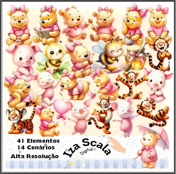 Kit Digital Ursinho Pooh Aquarela Rosa - IA