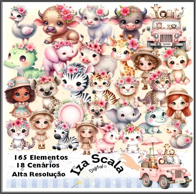 Kit Digital Safari Rosa Aquarela - IA