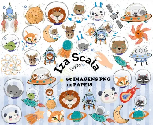 Kit Digital Animais Astronauta Aquarela