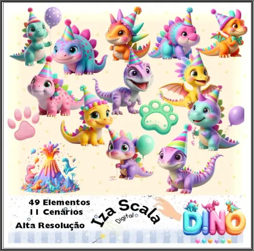 Kit Digital Dinossauros em Festa - IA