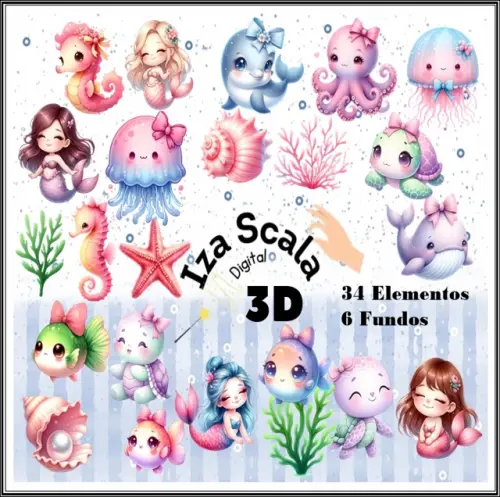 Kit Digital Fundo do Mar Aquarela - IA
