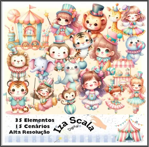 Kit Digital Circo Cute Aquarela Rosa - IA