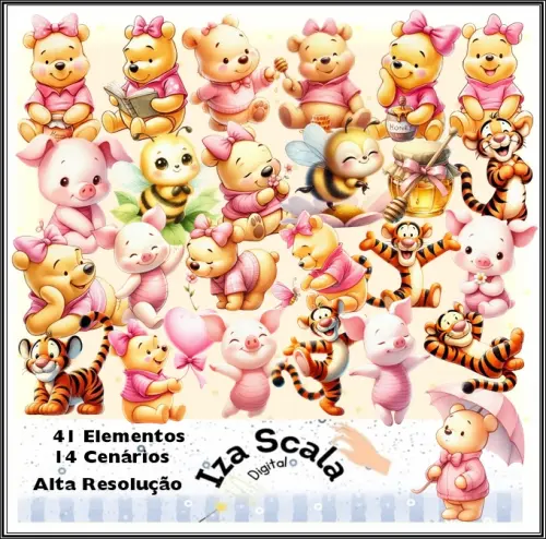 Kit Digital Ursinho Pooh Aquarela Rosa - IA