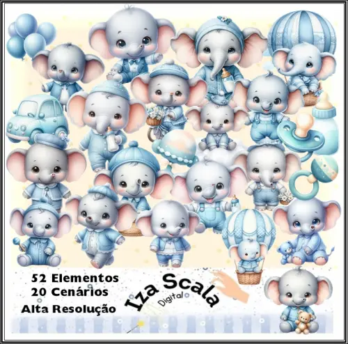 Kit Digital Elefantinho Baby Azul - 3D