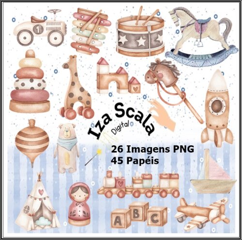 Kit Digital Brinquedos Vintage Aquarela