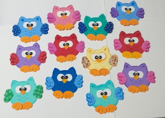 Corujas em Eva - Kit com 4 Unidades Coloridas.