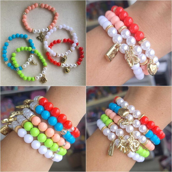 Kit 3 Pulseiras de Contas Micangas Pulseiras Happy Bijuteria