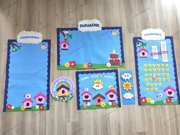 Kit 4 Peças Grandes Sala de Aula - Tema Passarinhos