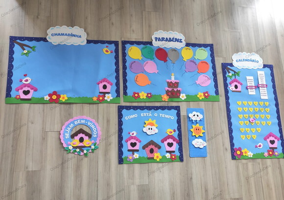 Kit 5 Peças para Sala de Aula Grandes - Tema Passarinhos