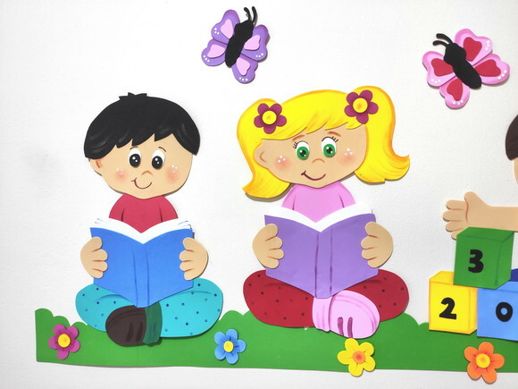 Kit para Painel de 3 Crianças Lendo e Brincando Dia do Livro