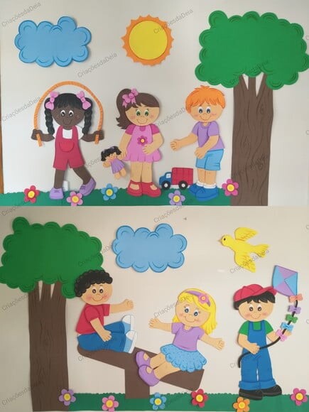 Painel/ Mural com 6 Crianças Brincando em Eva - Grande