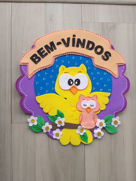 Placa de bem-vindos para Porta em Eva - Coruja e Filhote