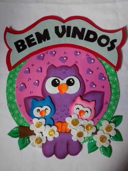 Placa de bem-vindos para Porta em Eva - Coruja e Filhotes