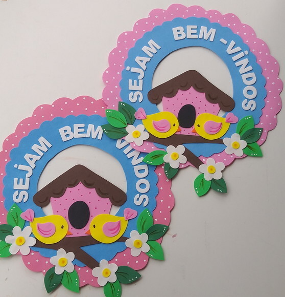 Placa de Bem Vindos de Porta Tema Passarinhos em Eva