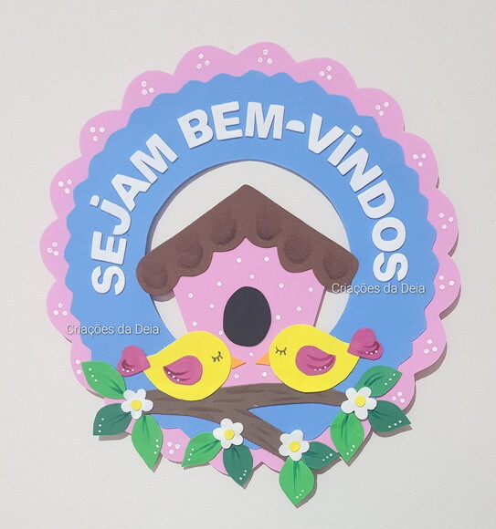 Placa de Bem Vindos de Porta Tema Passarinhos em Eva