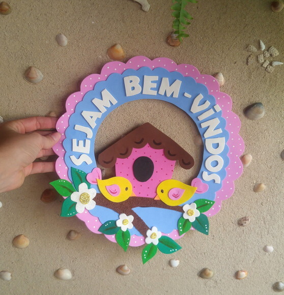 Placa de Bem Vindos de Porta Tema Passarinhos em Eva