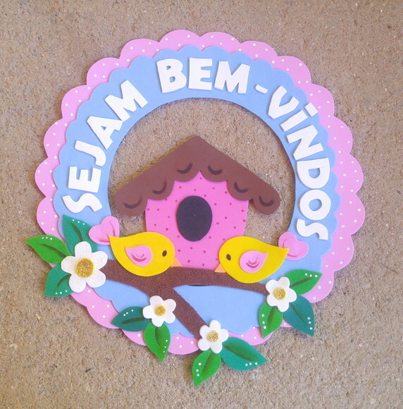 Placa de Bem Vindos de Porta Tema Passarinhos em Eva