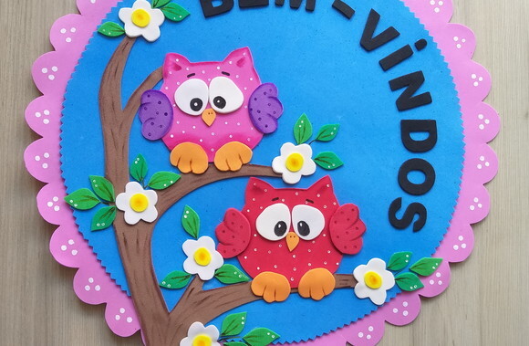 Placa de Eva para Porta Escolar - Par de Corujas