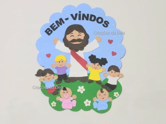 Placa de Porta bem Vindos com Jesus e as Crianças em Eva