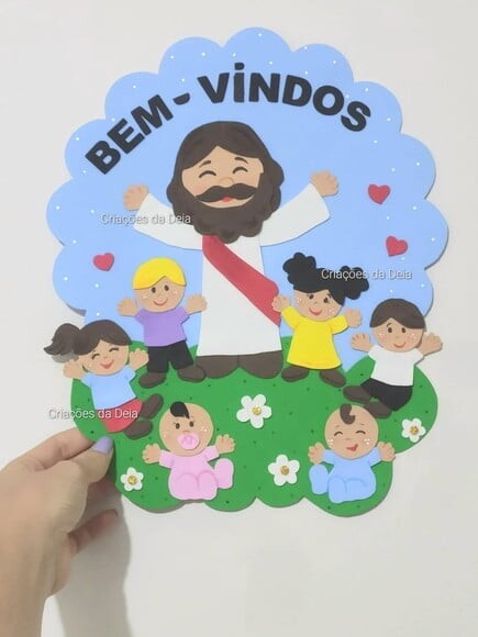 Placa de Porta bem Vindos com Jesus e as Crianças em Eva