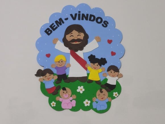 Placa de Porta bem Vindos com Jesus e as Crianças em Eva