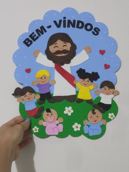 Placa de Porta bem Vindos com Jesus e as Crianças em Eva