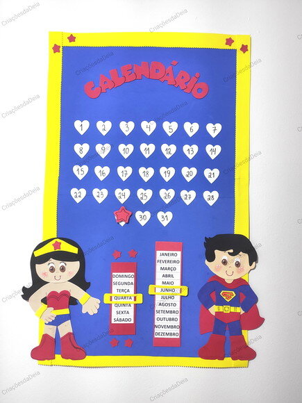 Calendário Escolar de Eva para Sala de Aula Heróis 58x85cm