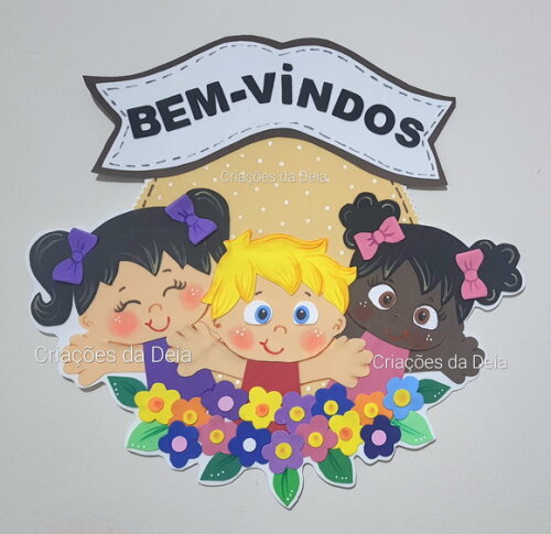 Decoração de Porta Placa Bem Vindos com Crianças em Eva