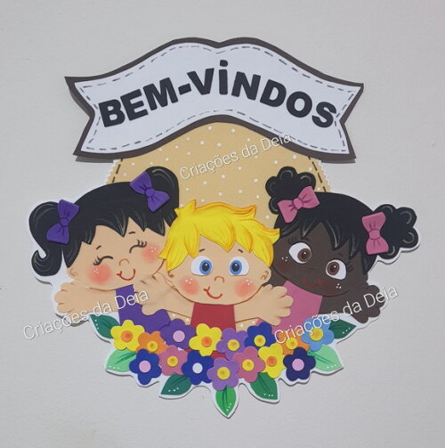 Decoração de Porta Placa Bem Vindos com Crianças em Eva
