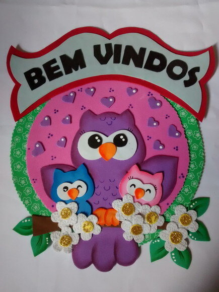 Placa de "bem-vindos" para Porta em Eva - Coruja e Filhotes