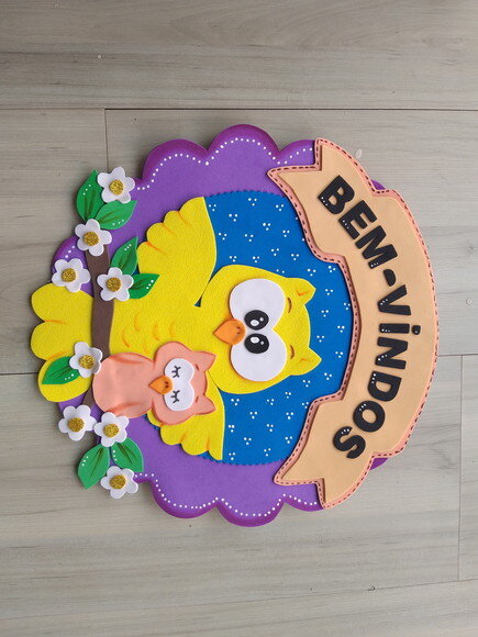 Placa de bem-vindos para Porta em Eva - Coruja e Filhote