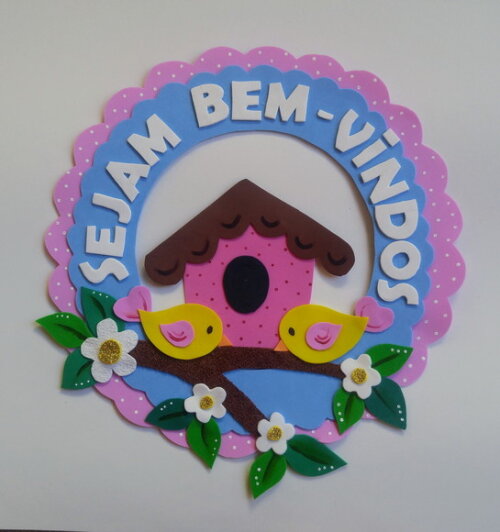 Placa de Bem Vindos de Porta Tema Passarinhos em Eva