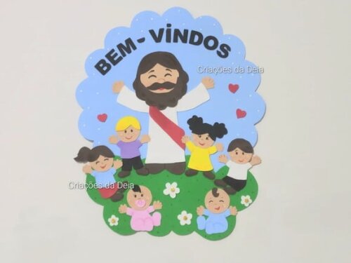 Placa de Porta bem Vindos com Jesus e as Crianças em Eva